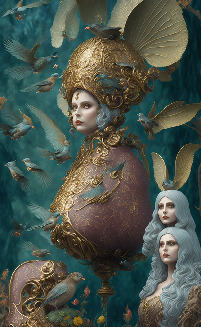 Surreal Scene with Ornate Figure and Delicate Birds