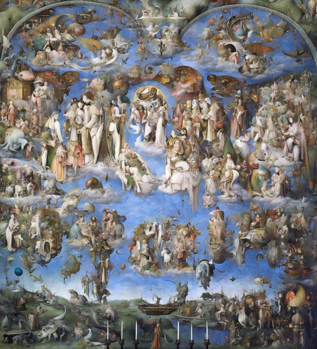 Surrealist Painting with Multi-Layered Heavenly Scene