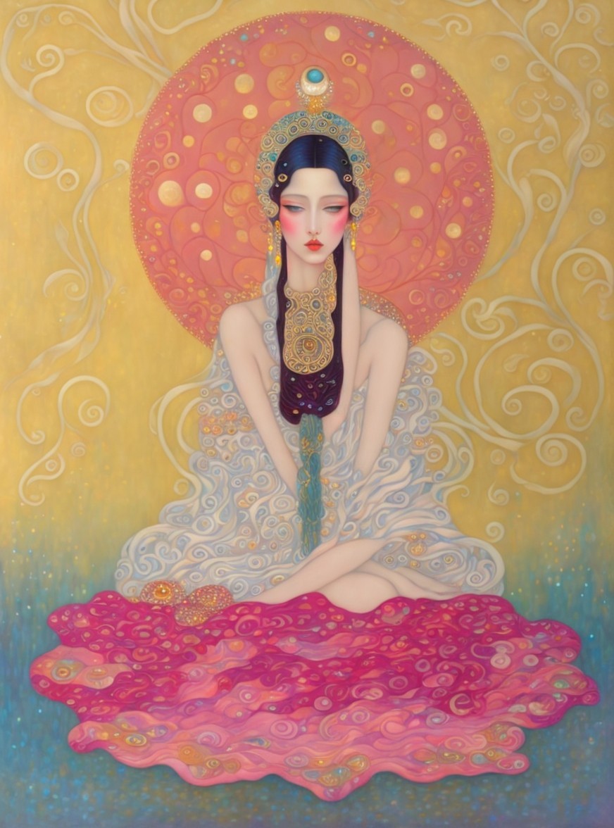 Serene Figure in Vibrant Colors and Patterns
