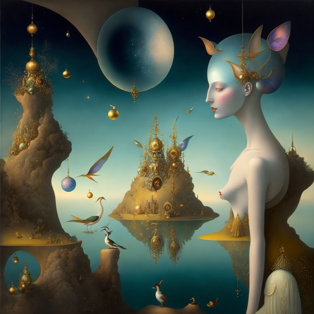 Surreal Landscape with Ethereal Figure and Fantastical Elements