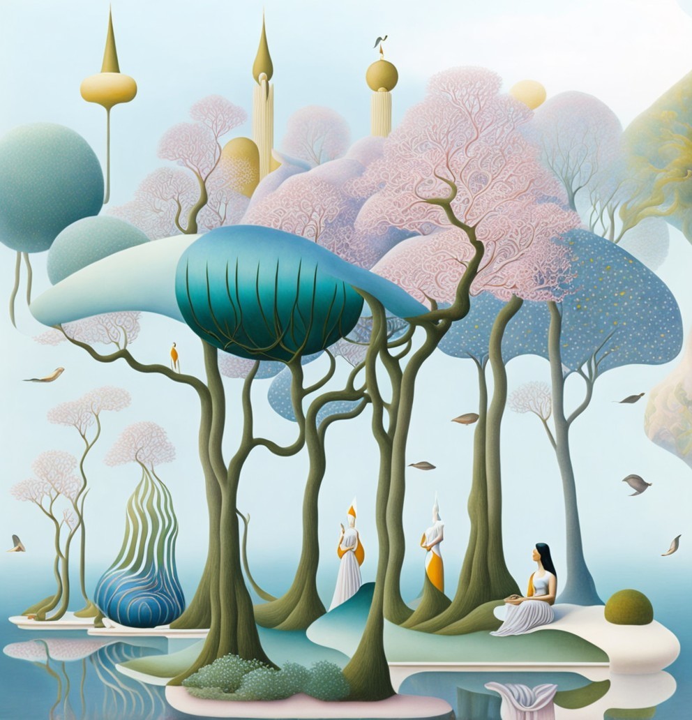 Surreal Landscape with Whimsical Trees and Pastel Hues