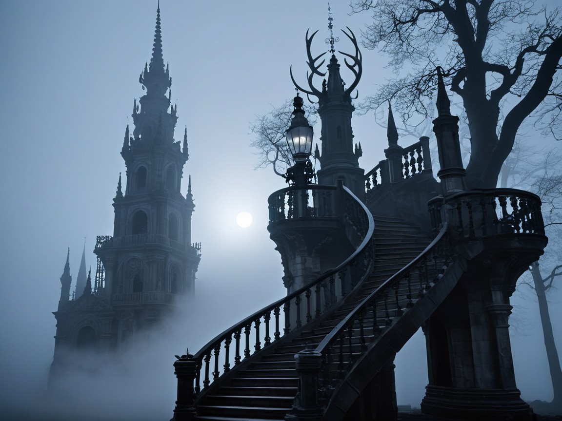 Gothic Structure with Spires and Grand Staircase