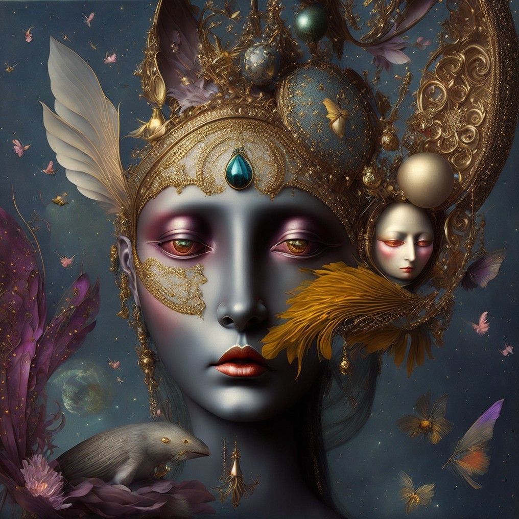 Surreal Figure with Gold Jewelry and Butterflies