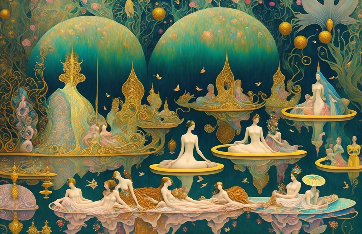 Mystical Artwork Featuring Ethereal Figures and Landscapes