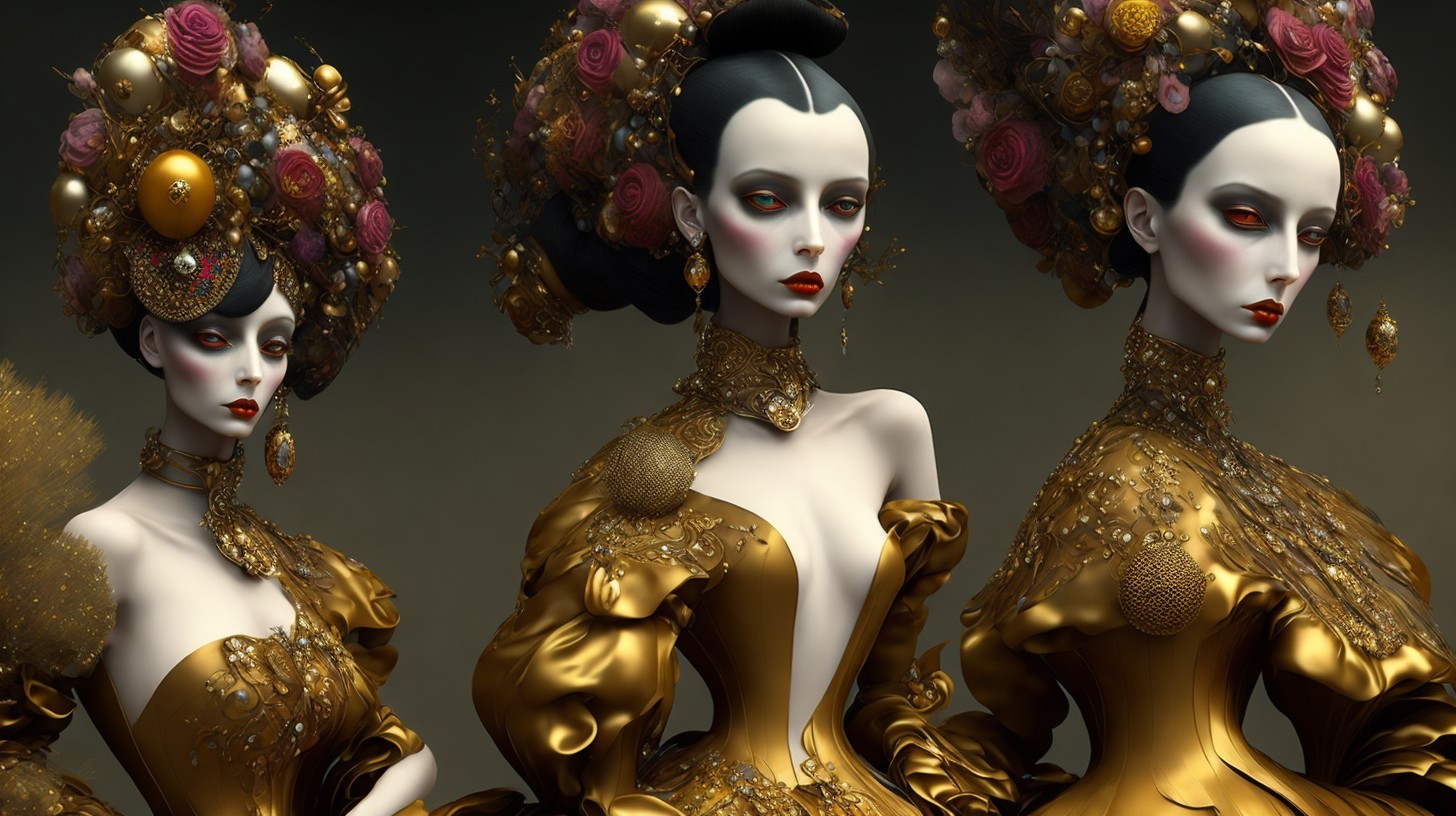 Elegant Figures in Golden Gowns with Floral Accents