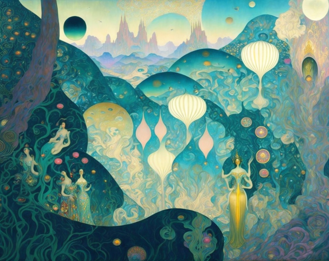 Surreal Landscape with Ethereal Figures and Colors