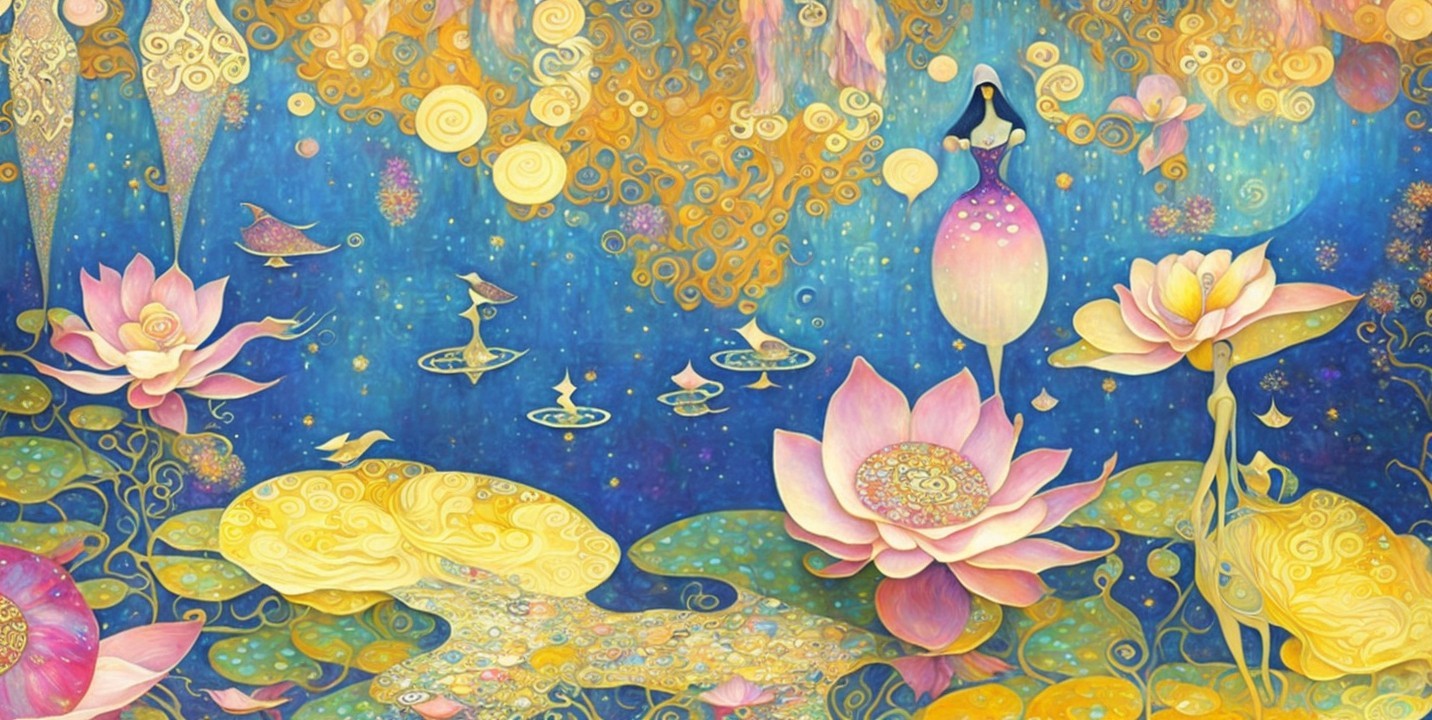 Whimsical Landscape with Lotus Flowers and Ethereal Figures