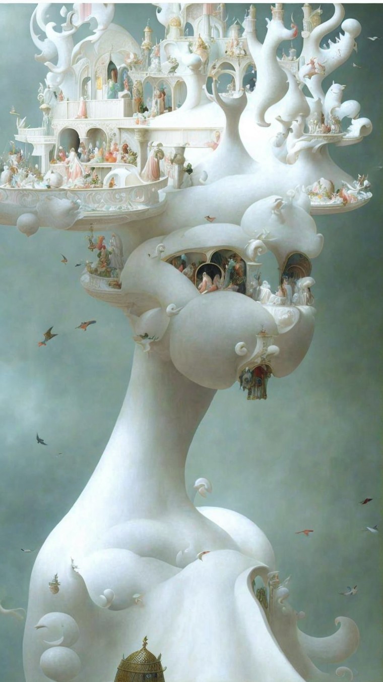 Surreal Figure Merging with Fantastical Architecture