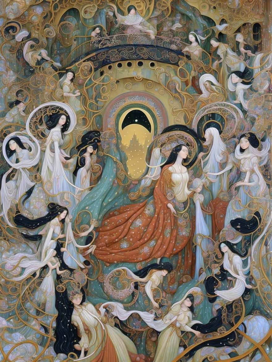 Fantastical Scene with Ethereal Women and Celestial Backdrop