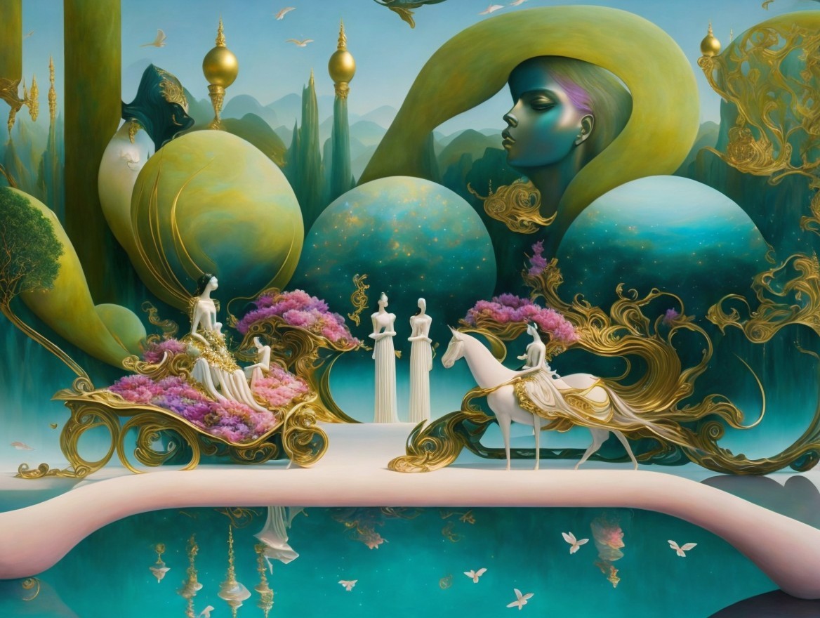 Surreal Scene with Ethereal Figures and Vibrant Landscapes