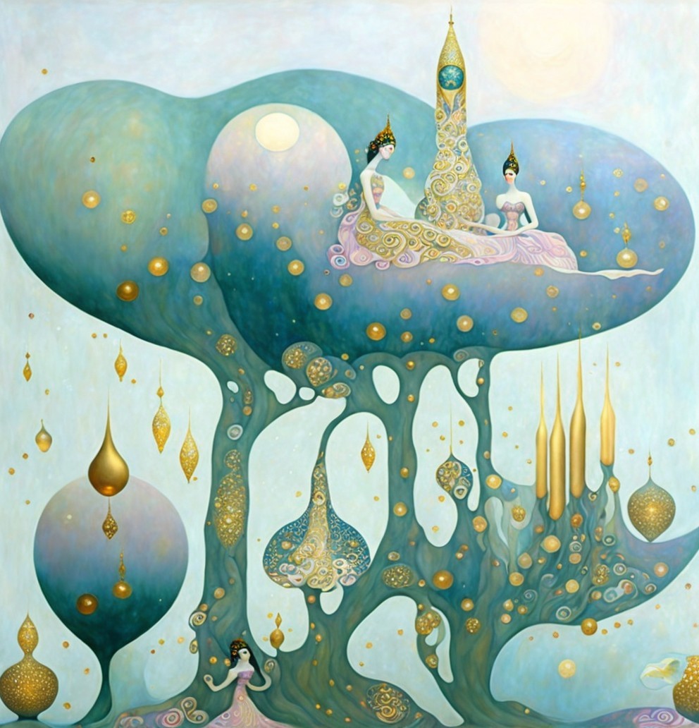 Ethereal Landscape with Organic Forms and Elegant Figures