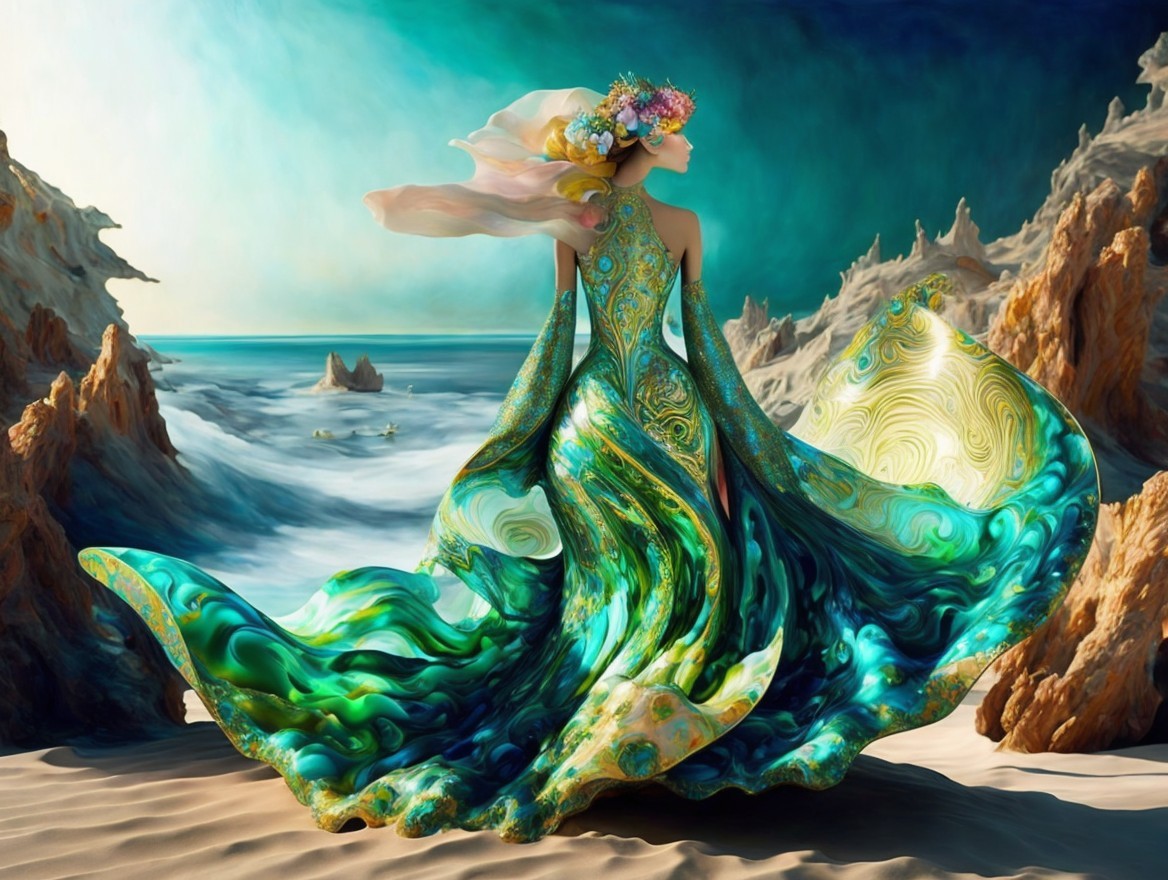 Woman in Vibrant Dress on Sandy Beach with Cliffs