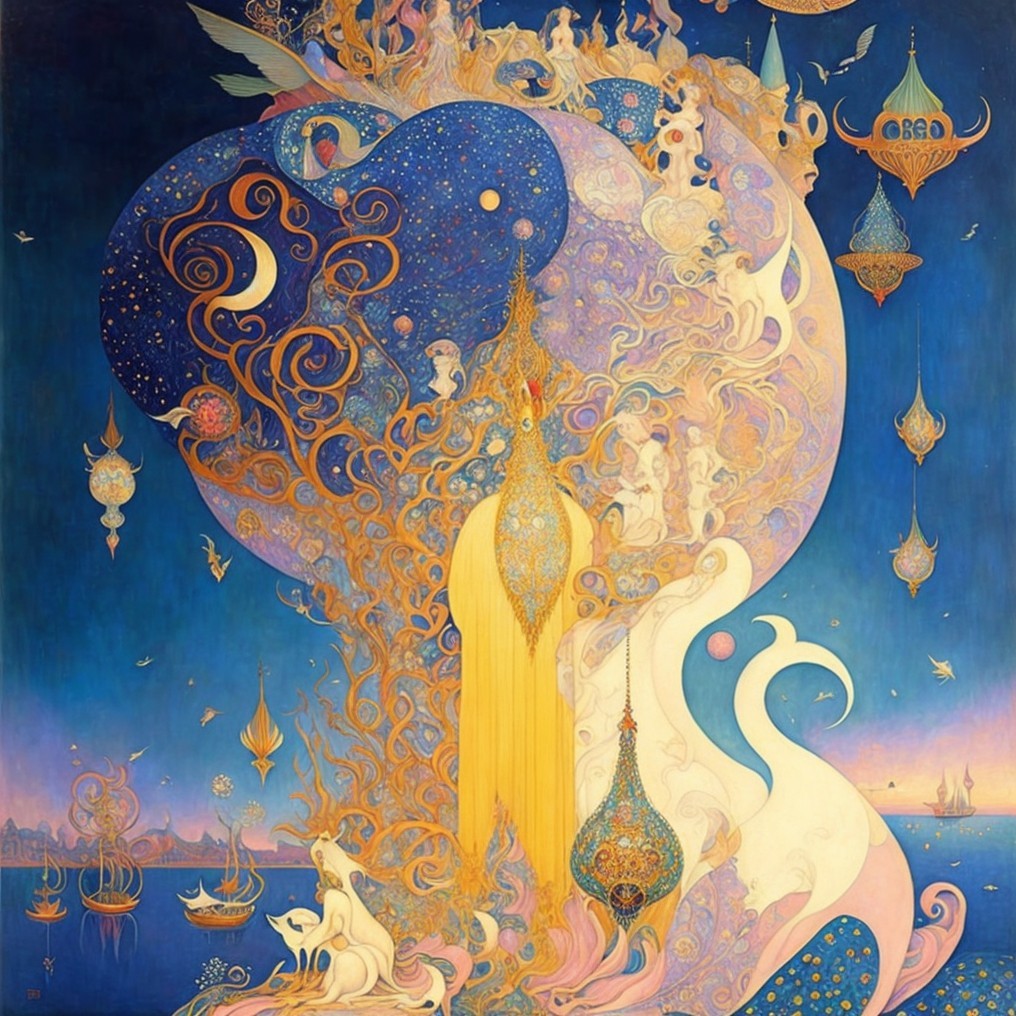 Vibrant Dreamlike Composition with Ethereal Figures