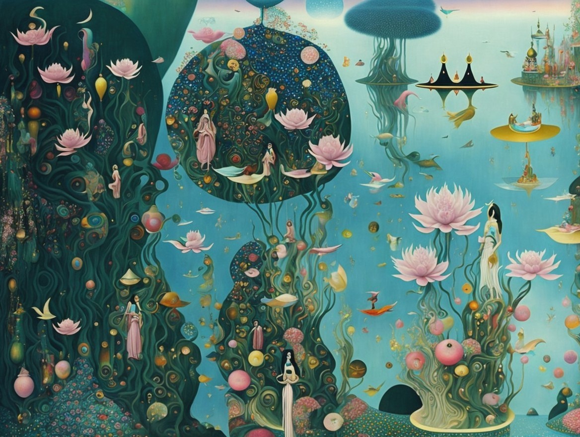 Surreal Landscape with Colorful Flowers and Ethereal Beings