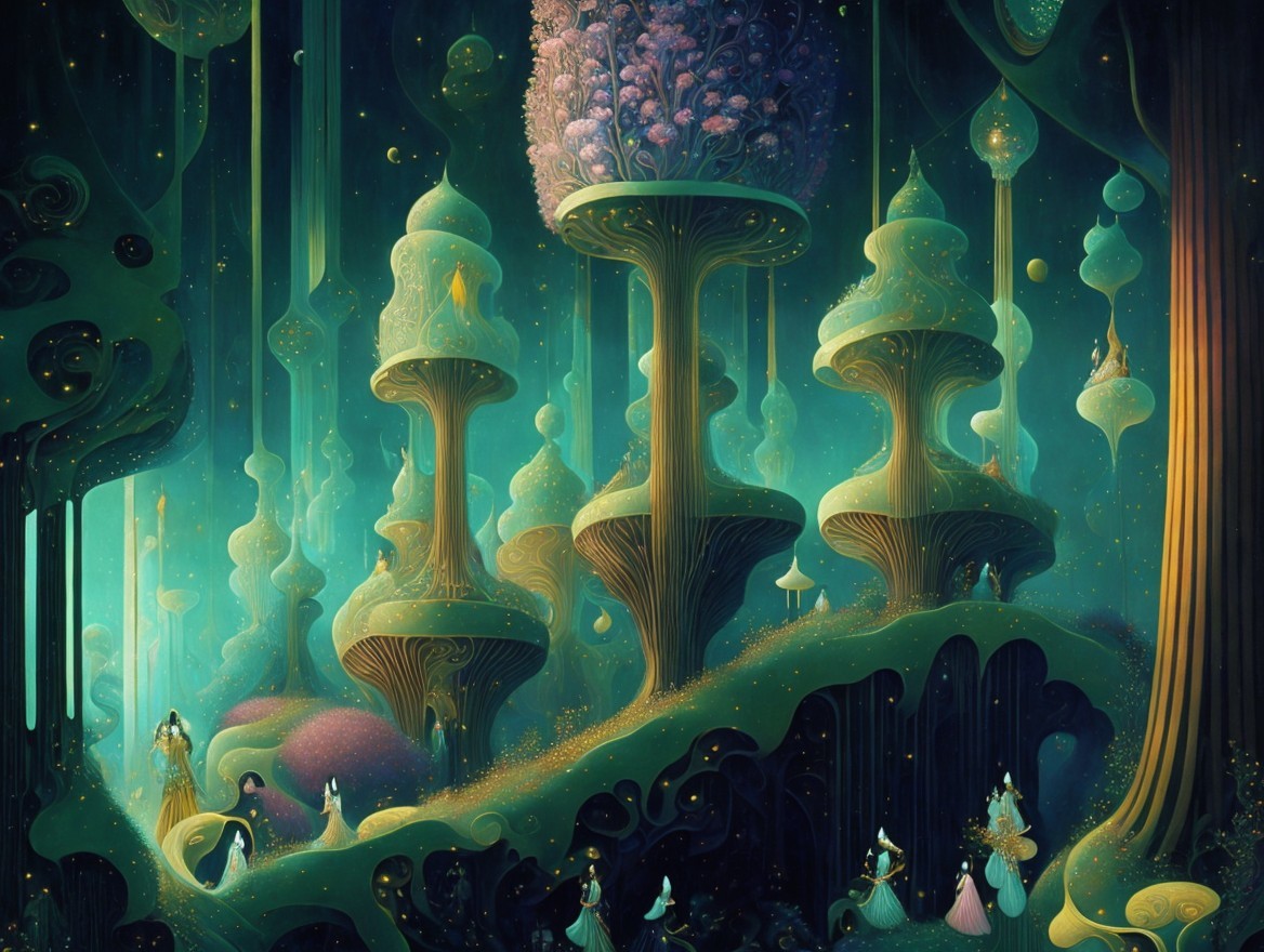 Surreal Landscape with Whimsical Mushroom Trees