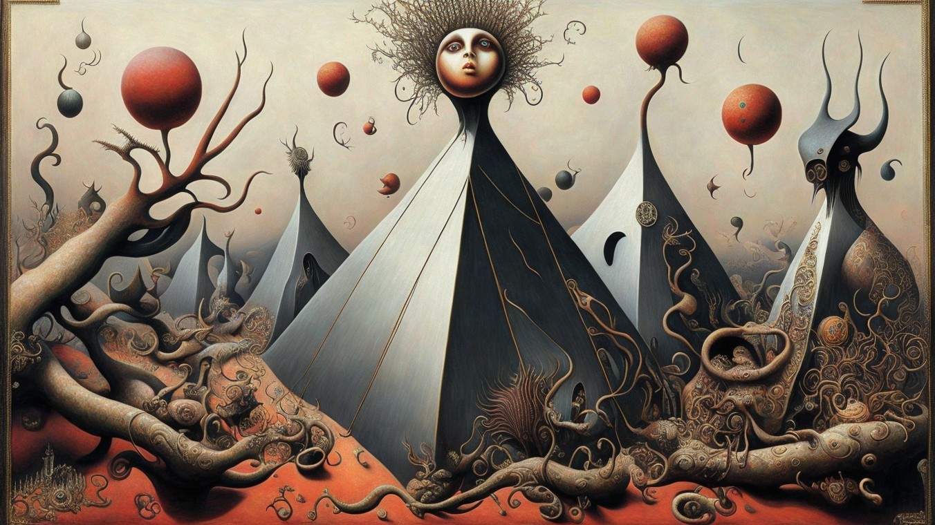 Surreal Landscape with Abstract Figures and Shapes