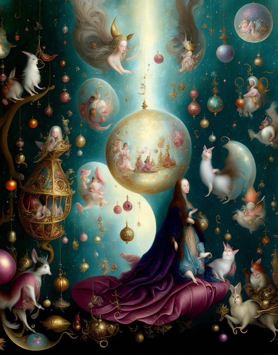 Whimsical Scene with Serene Figure and Fantastical Creatures