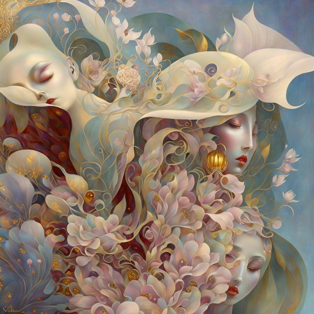 Ethereal Faces Merging with Floral Elements in Art