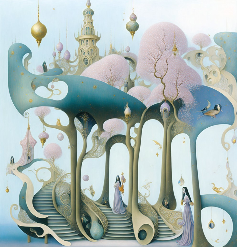 Whimsical Dreamlike Landscape with Spiraling Trees