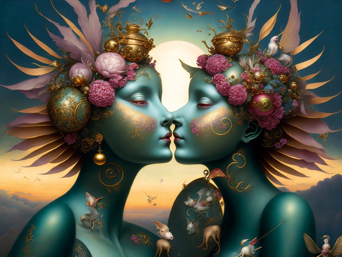 Ethereal Figures with Teal Skin in Dreamlike Setting
