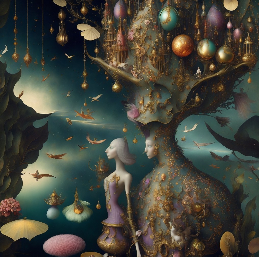 Surreal Landscape with Abstract Figures and Ethereal Creatures