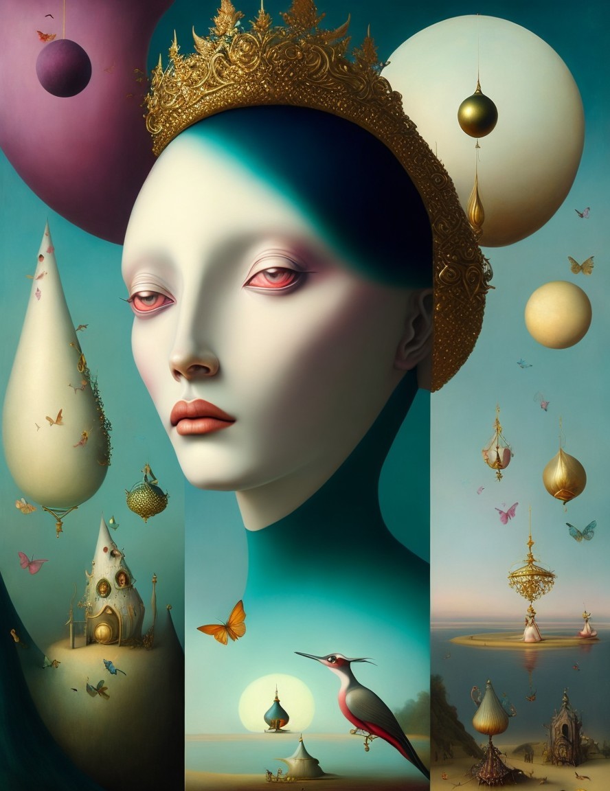 Surreal Ethereal Figure with Pale Face and Butterflies