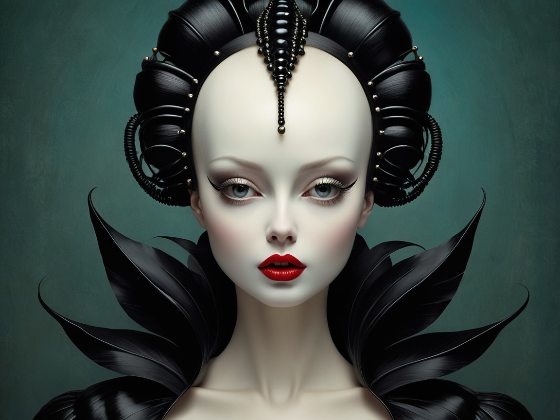 Surreal Portrait of Fashionable Figure with Dark Foliage