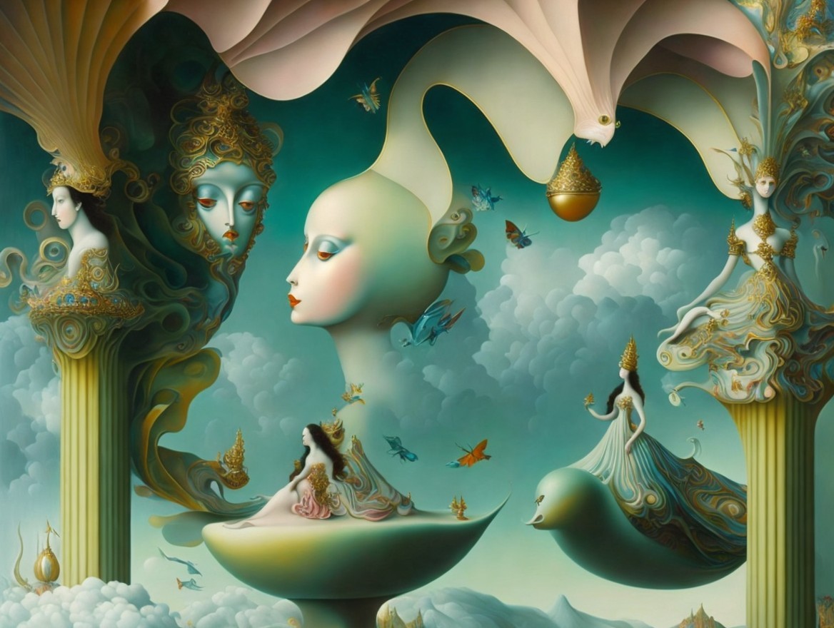 Surreal landscape with ethereal figures and vibrant colors