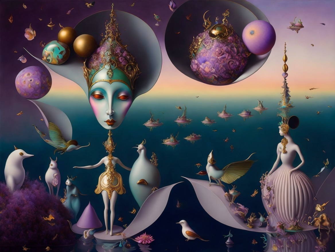 Surreal Landscape with Ethereal Figures and Vibrant Colors