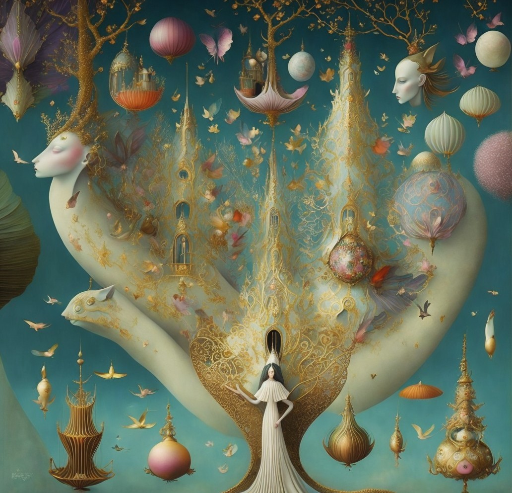 Fantastical Scene with Ethereal Elements and Structures