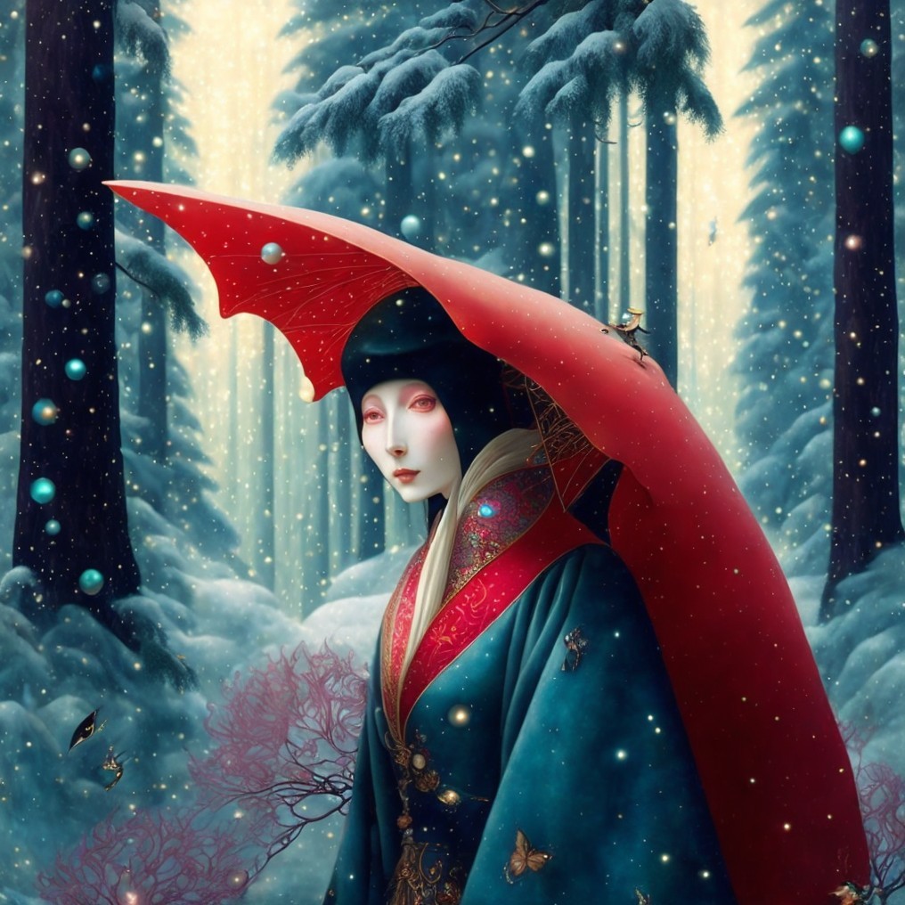 Mysterious Figure in Winter Forest with Red Umbrella