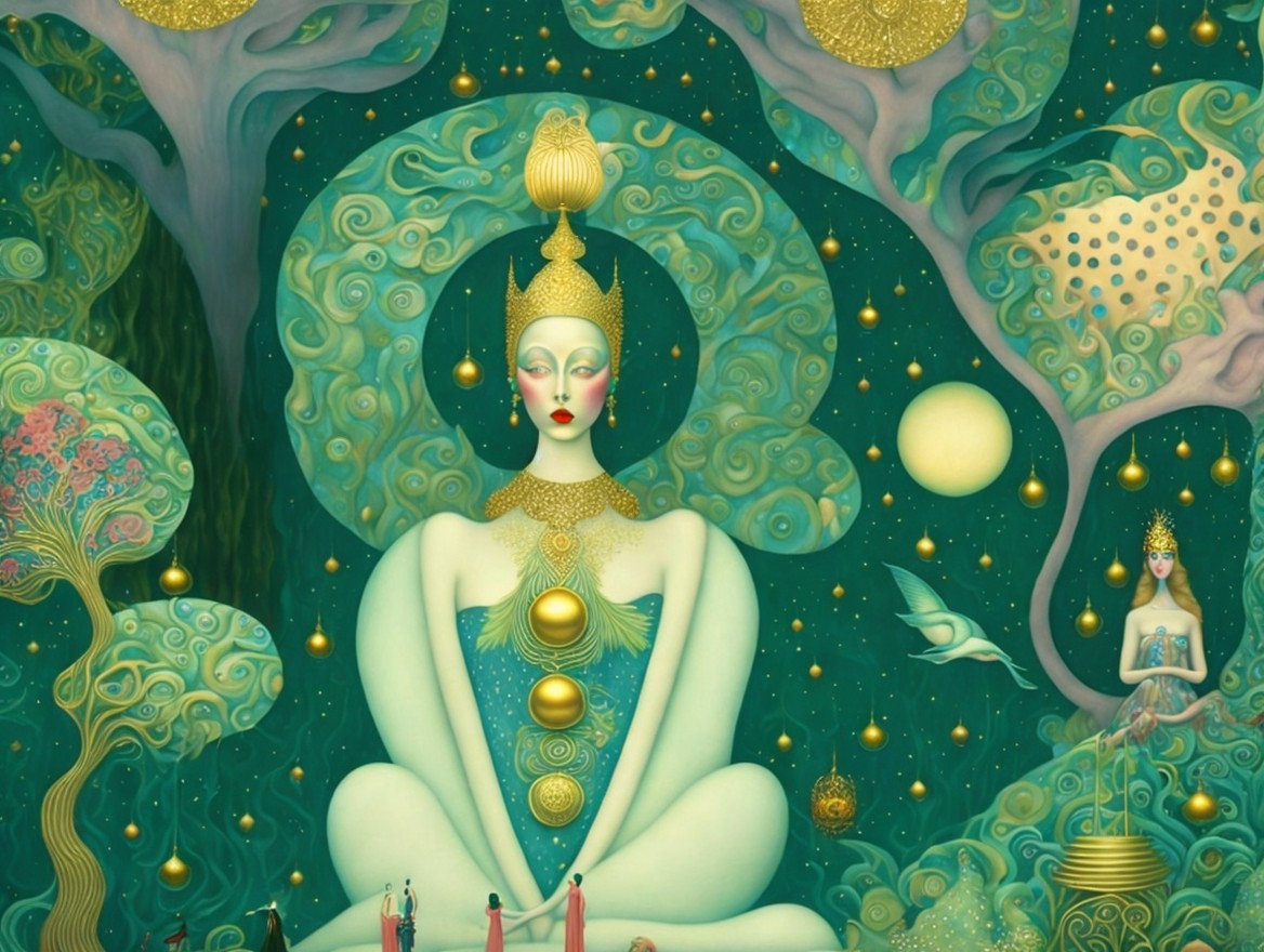 Large Meditative Figure Surrounded by Whimsical Trees