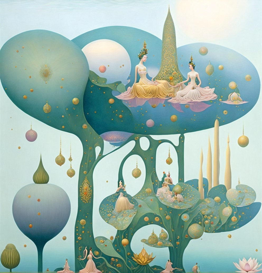 Whimsical Dreamlike Landscape with Ethereal Figures