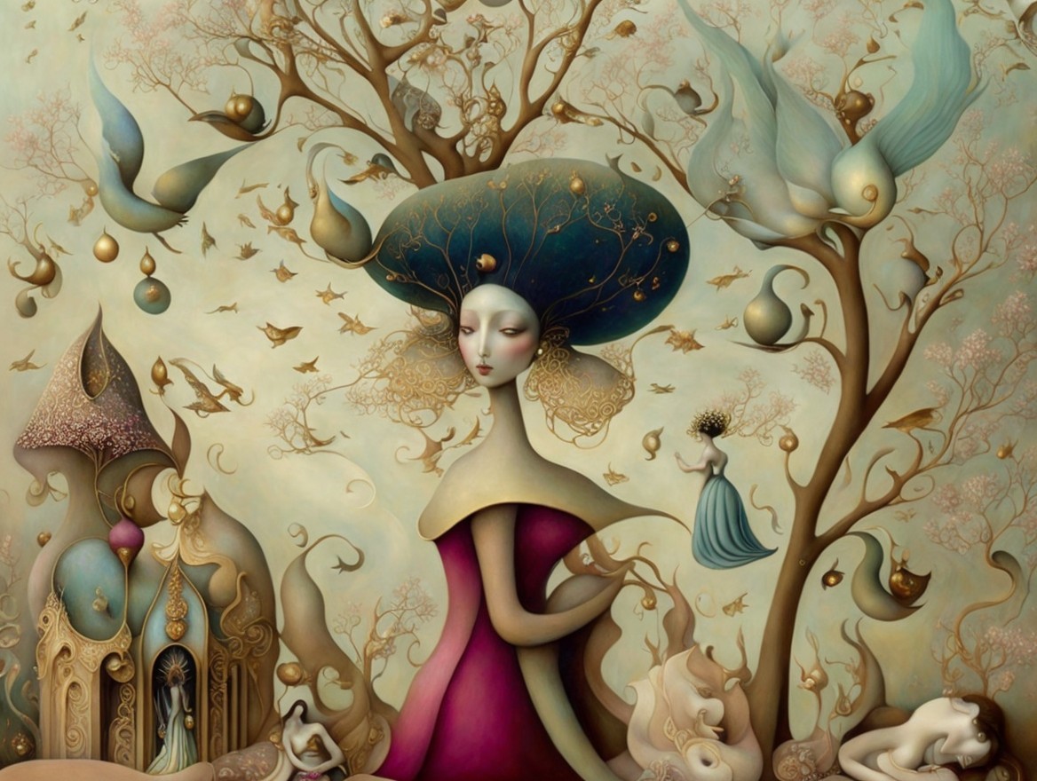 Surreal Figure in Whimsical Dreamlike Landscape