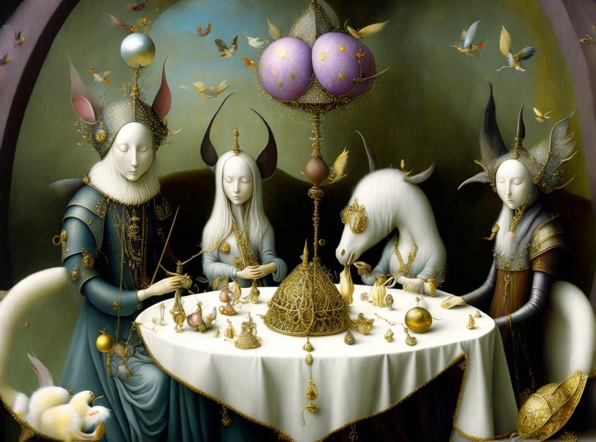 Ethereal Figures at Ornate Table with Fantastical Elements