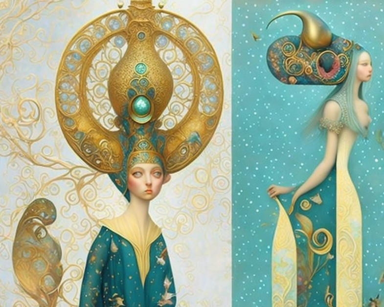 Ethereal Figures in Turquoise and Gold Garments