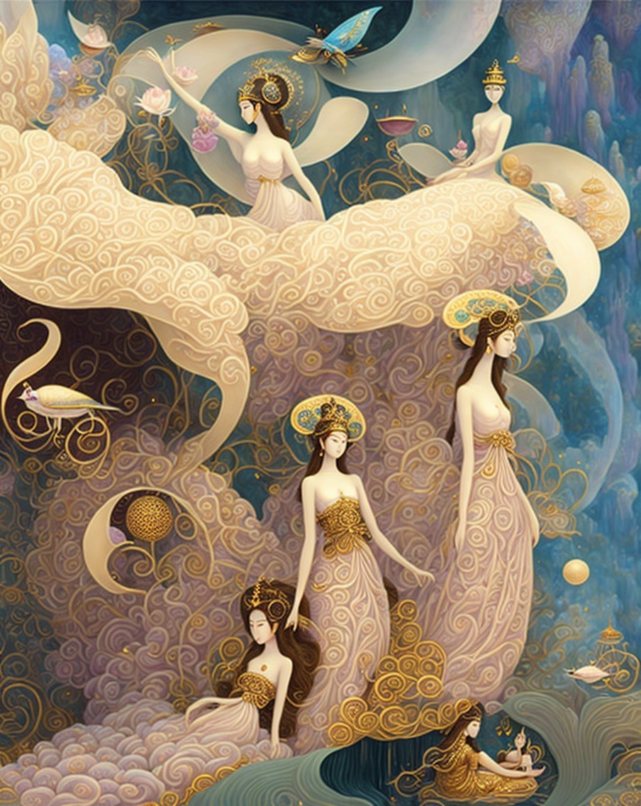 Surreal Scene of Nature-Inspired Ethereal Figures