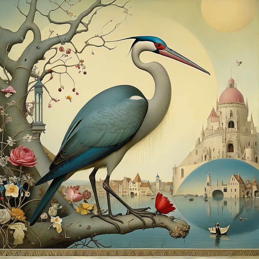 Majestic heron on flowering branch in dreamy landscape