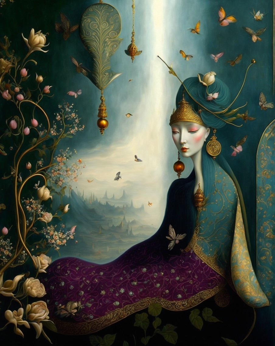 Serene Figure in a Mystical Landscape with Flowers