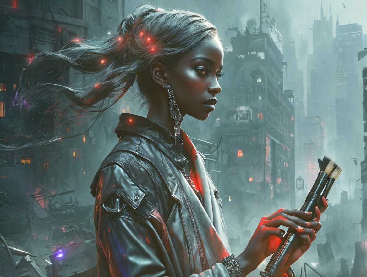 Dystopian Urban Scene with Confident Individual and Makeup Brush