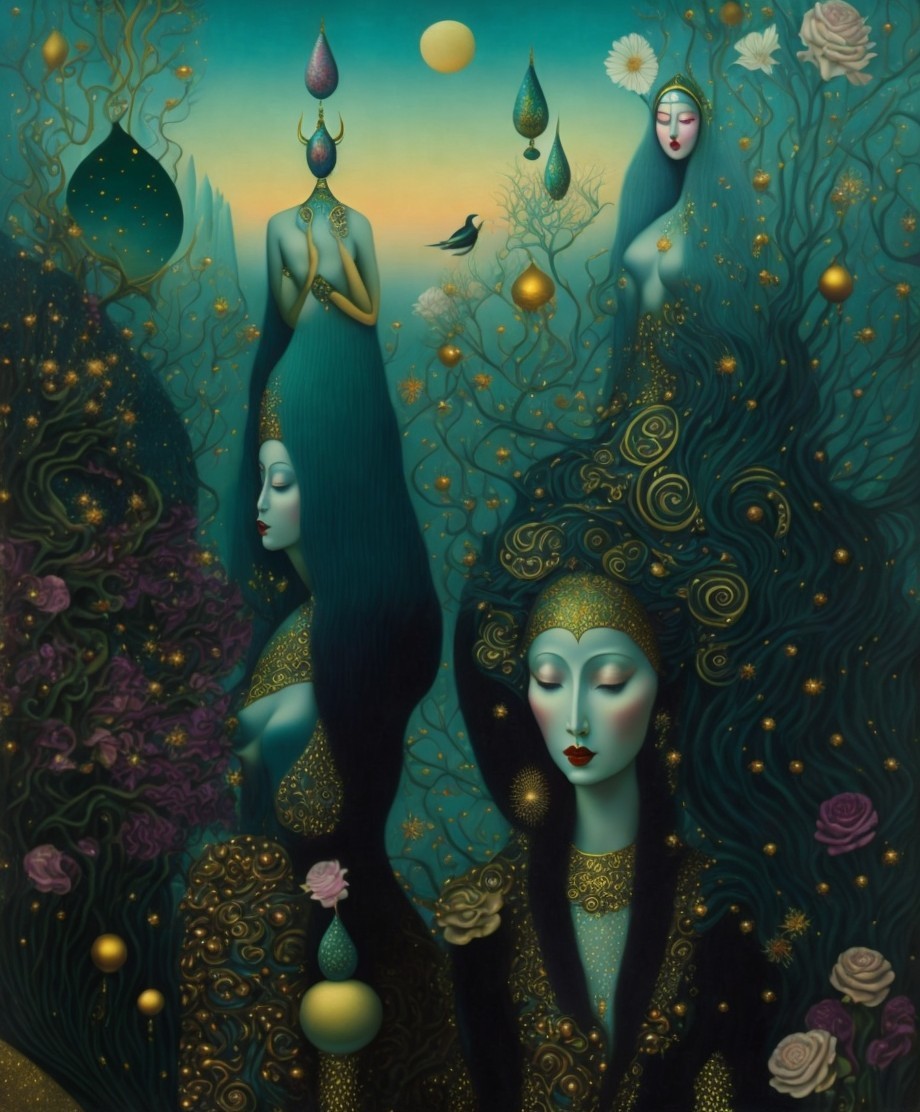 Ethereal Female Figures in Dreamlike Landscape Art
