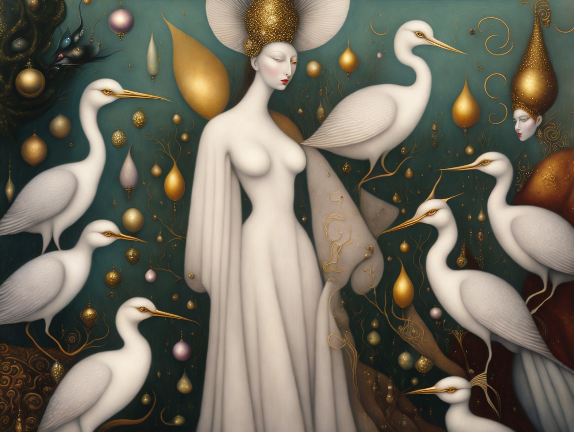 Ethereal Scene with Figure in White Gown and Herons