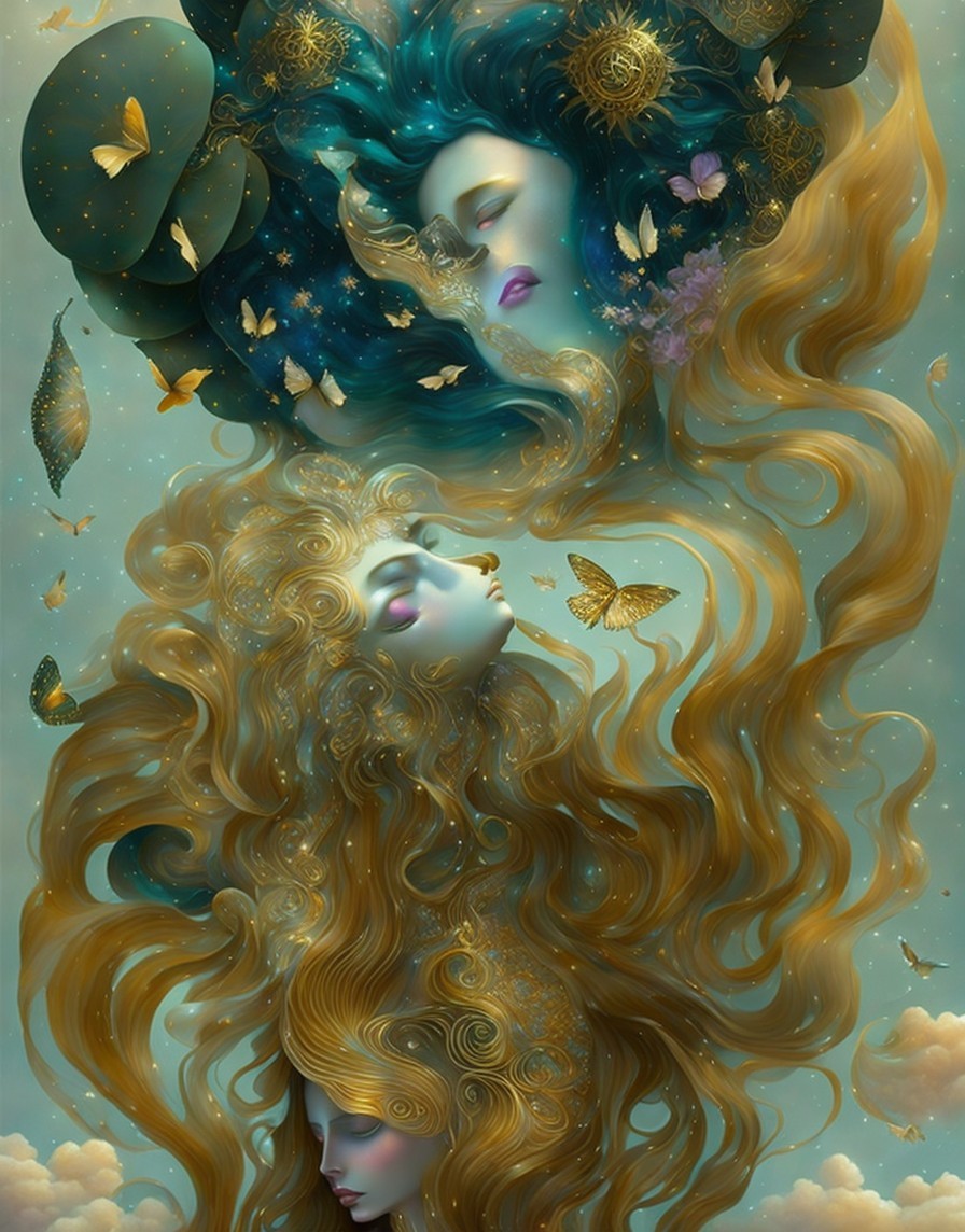 Ethereal Intertwined Female Figures with Butterflies