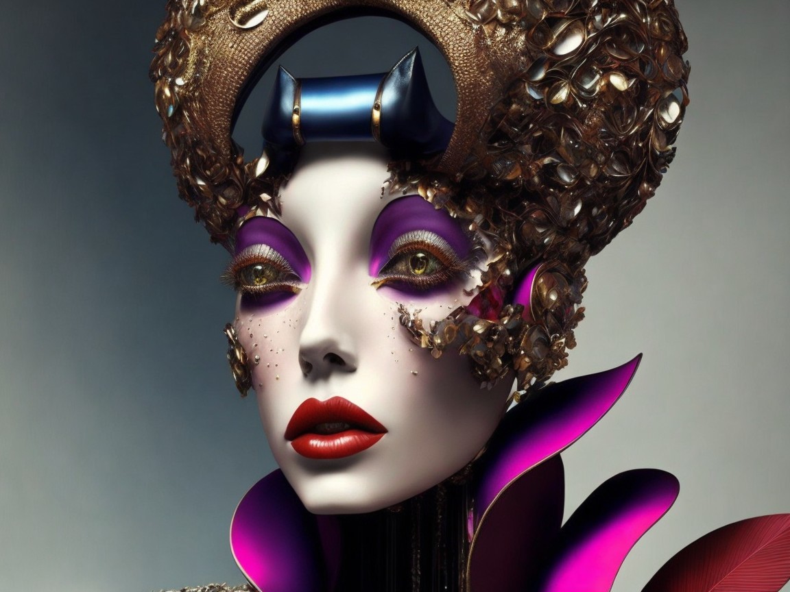 Ornate headpiece with bold makeup and fantasy fashion