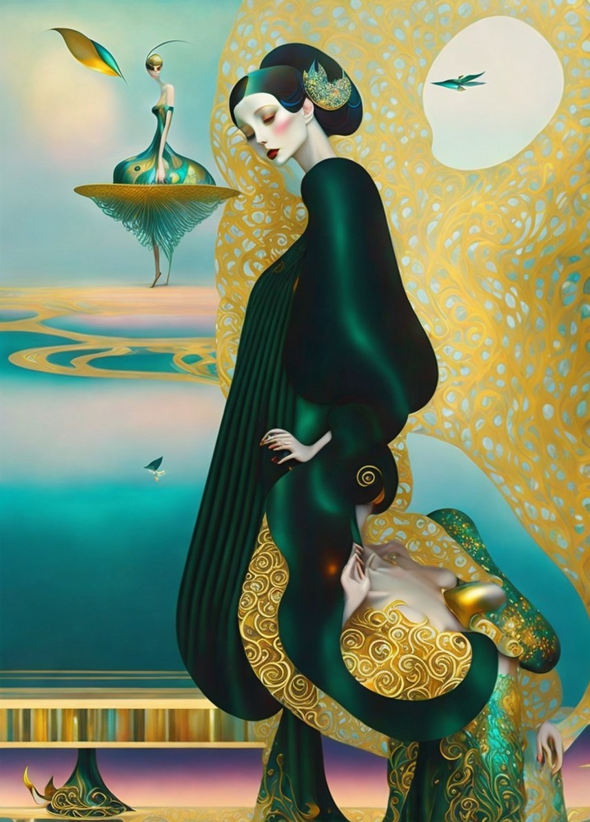Stylized Figures in Elegant Attire Against Surreal Background