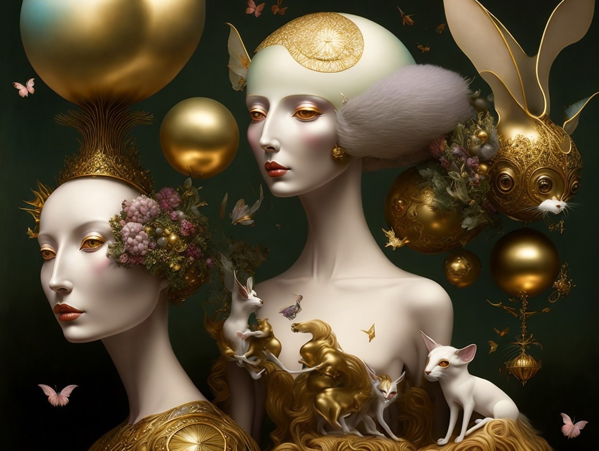 Ethereal Figures with Golden Elements in Dreamlike Scene