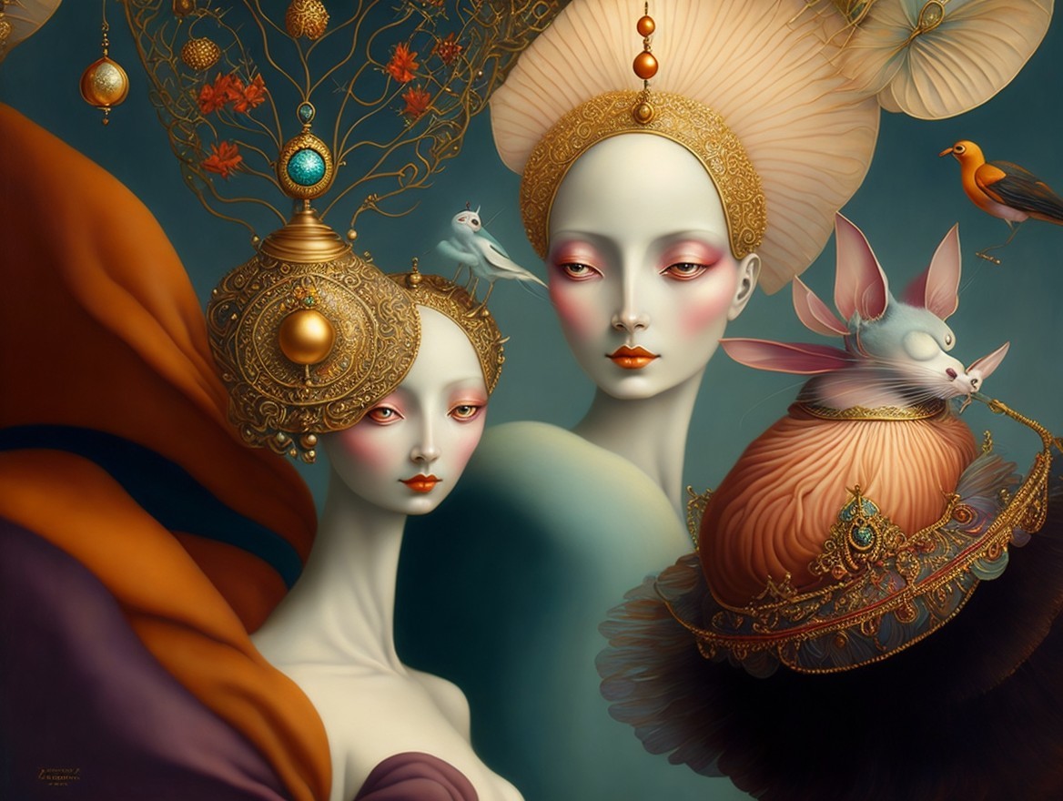 Ethereal Figures with Ornate Headpieces and Wildlife