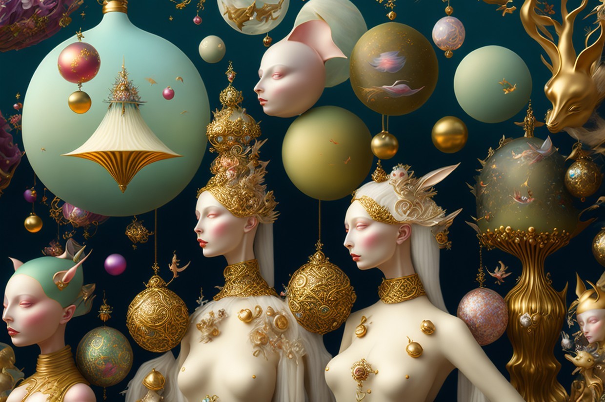 Surreal Scene with Ethereal Figures and Gold Accessories