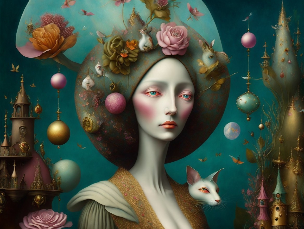 Surreal Figure with Floral Headpiece and Whimsical Elements
