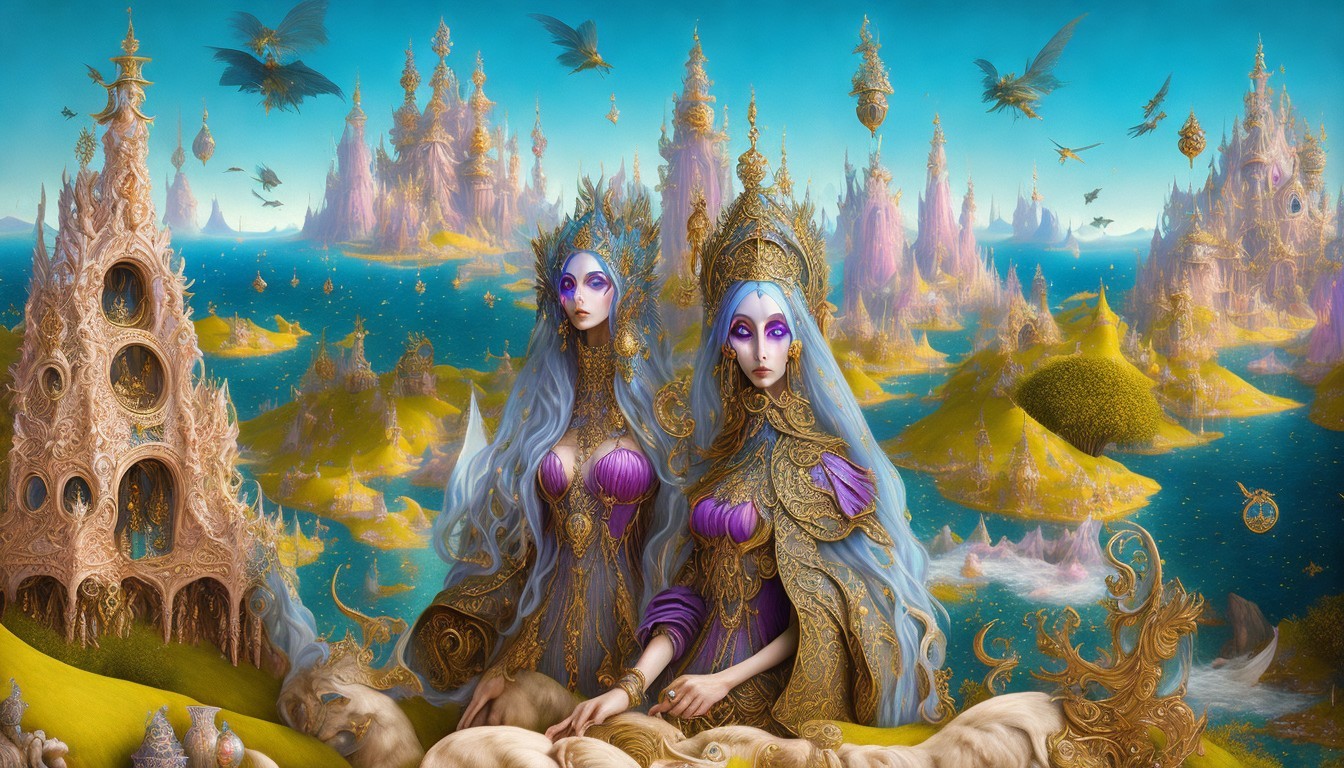 Ethereal Figures in a Vibrant Fantastical Landscape